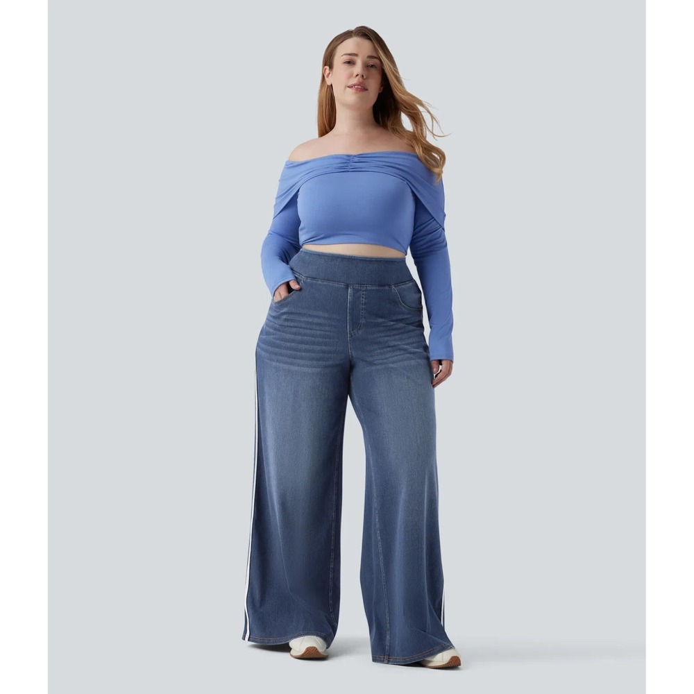 Halara Flex High Waisted Stripe Wide Leg Flowy Washed Casual Jeans 3XL Regular